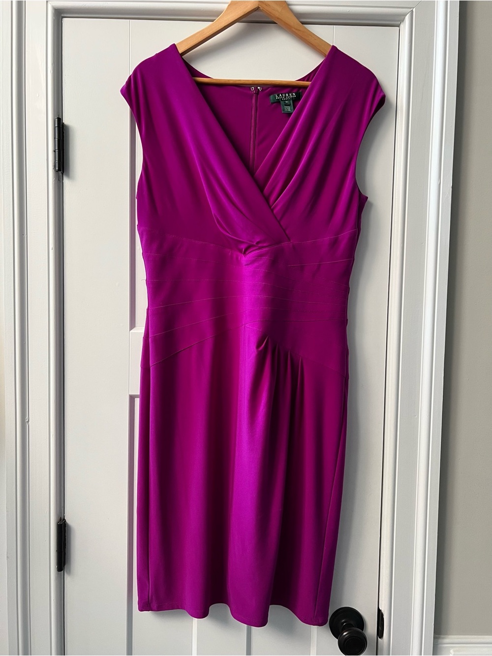 Lauren Ralph Lauren Fuchsia sleeveless Faux-Wrap Midi Sheath Dress Ruched Size12